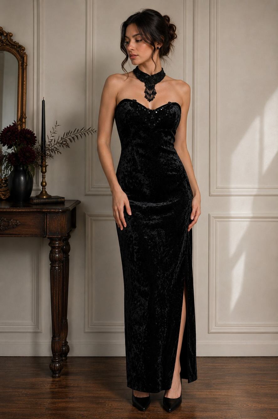 Vintage All That Jazz Black Velvet Halter Maxi Dress Beaded Choker Romantic Goth